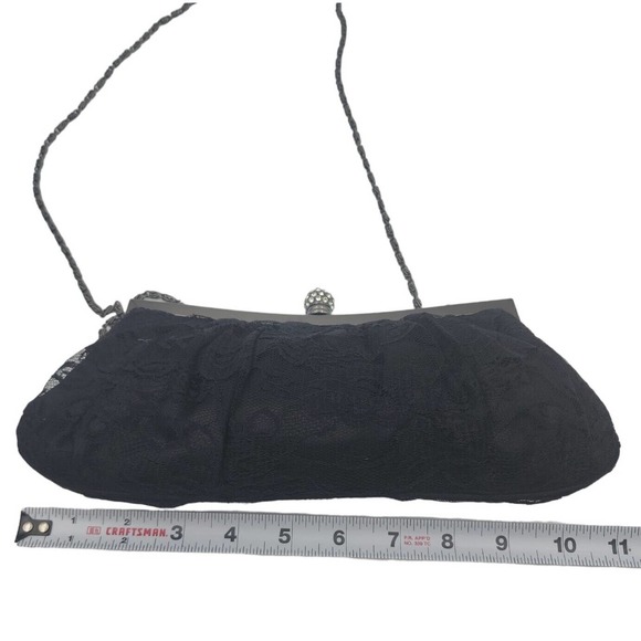 Black Lace Evening Clutch Purse Shoulder Bag Rhinestone Closure Chain Strap - Picture 6 of 7